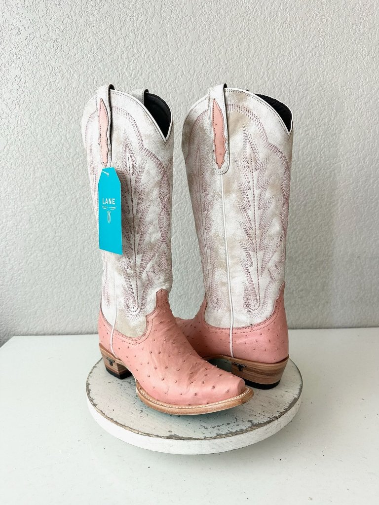 Lane Skylight Pink Cowboy Boots Ostrich Western Cowgirl Mid Calf Snip Toe Size 7